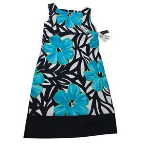 AB Studio Women's Sleeveless Dress Size 2 Blue Floral Black White Party